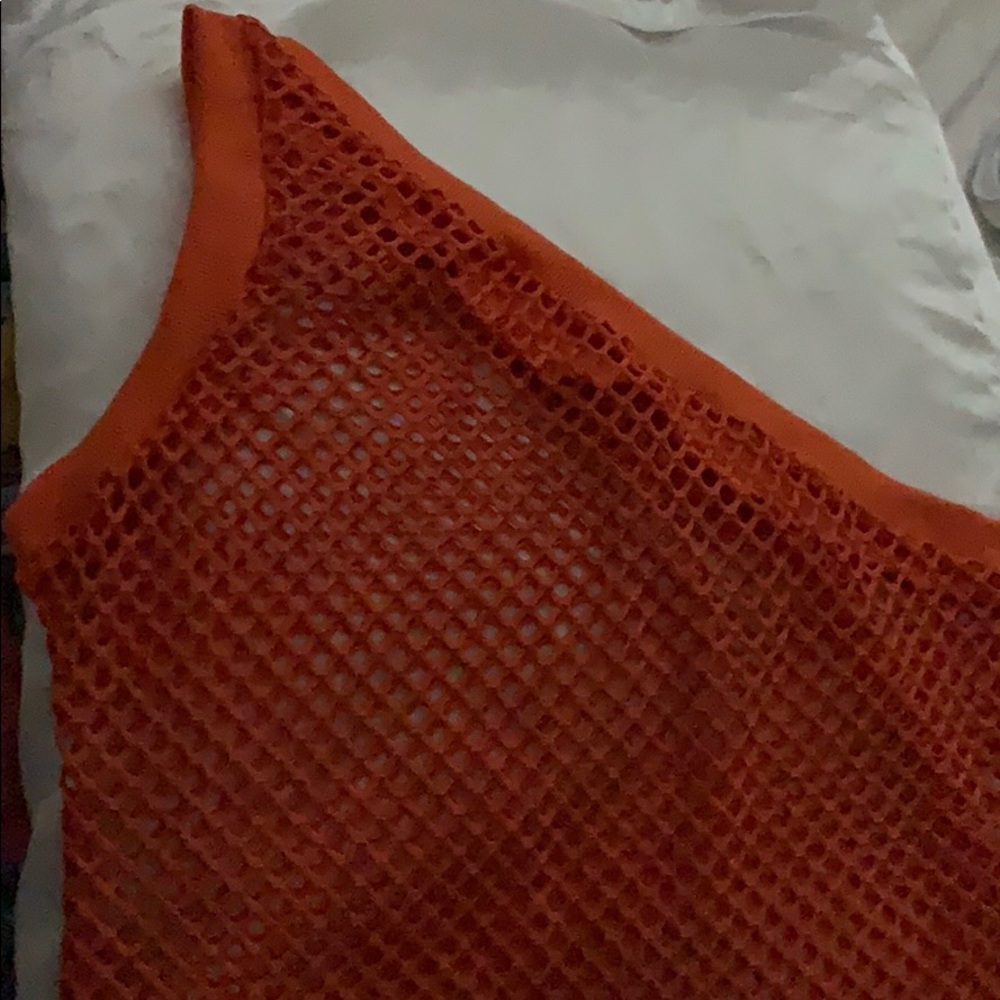 One Sleeve Orange Fishnet Dress Cover Up XL